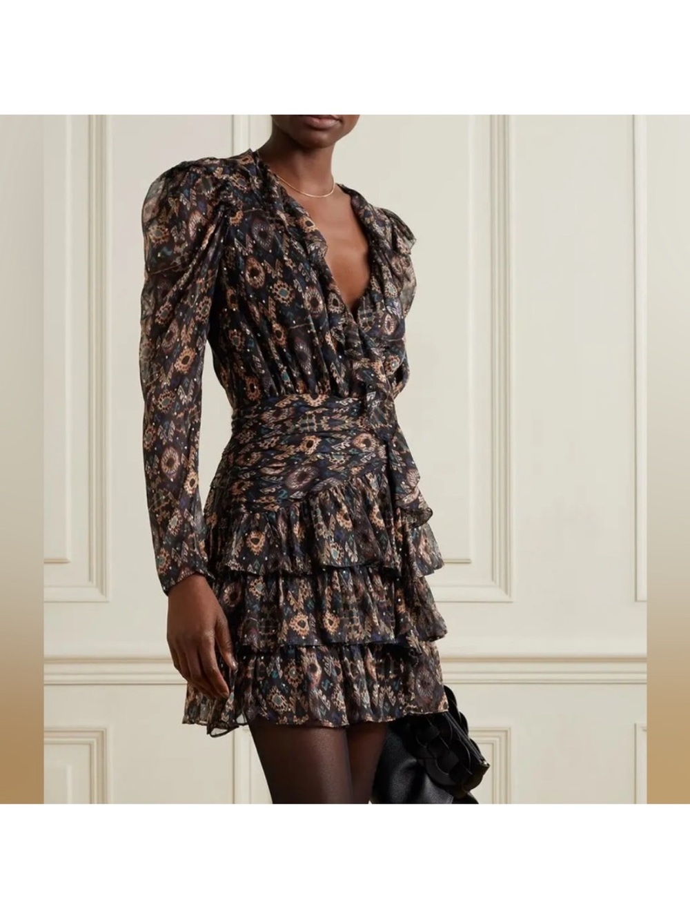 ULLA JOHNSON | Esila Metallic Silk Ruffle Mini Dress Onyx Colorful Size 4